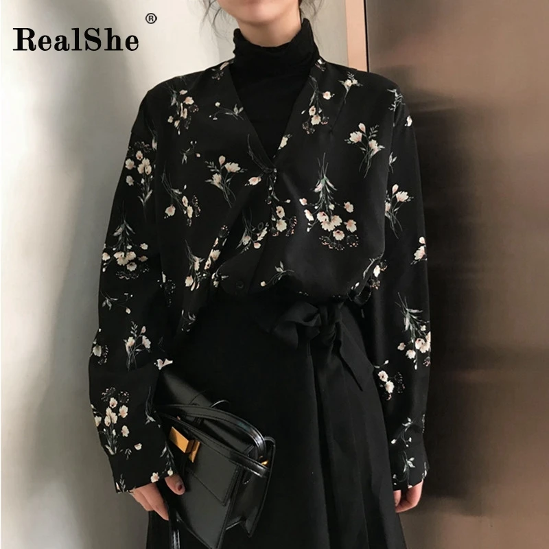 RealShe шифоновая блузка с v-образным вырезом женские свободные рубашки длинным