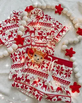 

Kids Two-piece Christmas Sleepwear Set, Red Snowflake and Deer Printed Pattern Lapel Top + Shorts, 1-6 Years