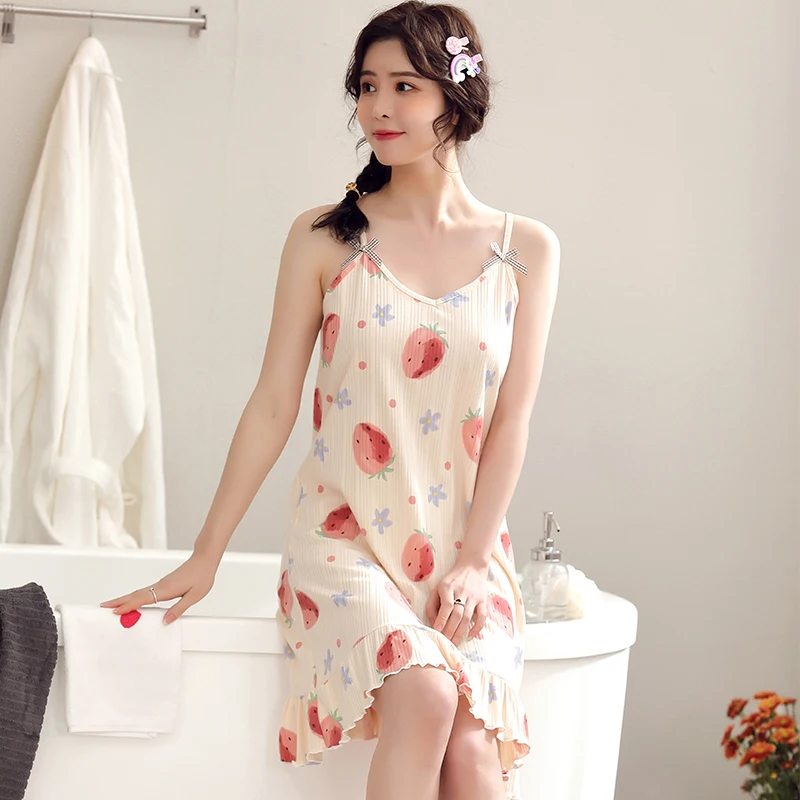 Big Yards 5XL Young Girls Cotton Nightgown Sexy Spaghetti Strap Night Dress Lady V-Neck Nighties Sleeveless Sleepwear Nightwear