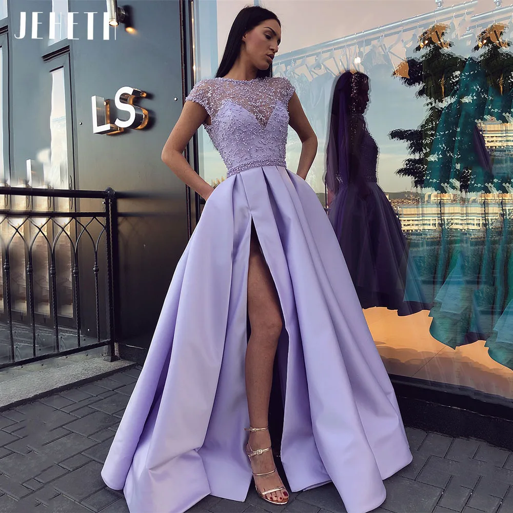 

JEHETH New Dubai Arabic Lavender Satin Prom Dresses with Slits Pearl Elegant Long Evening Boho Women 2023 Special Occasion Gowns