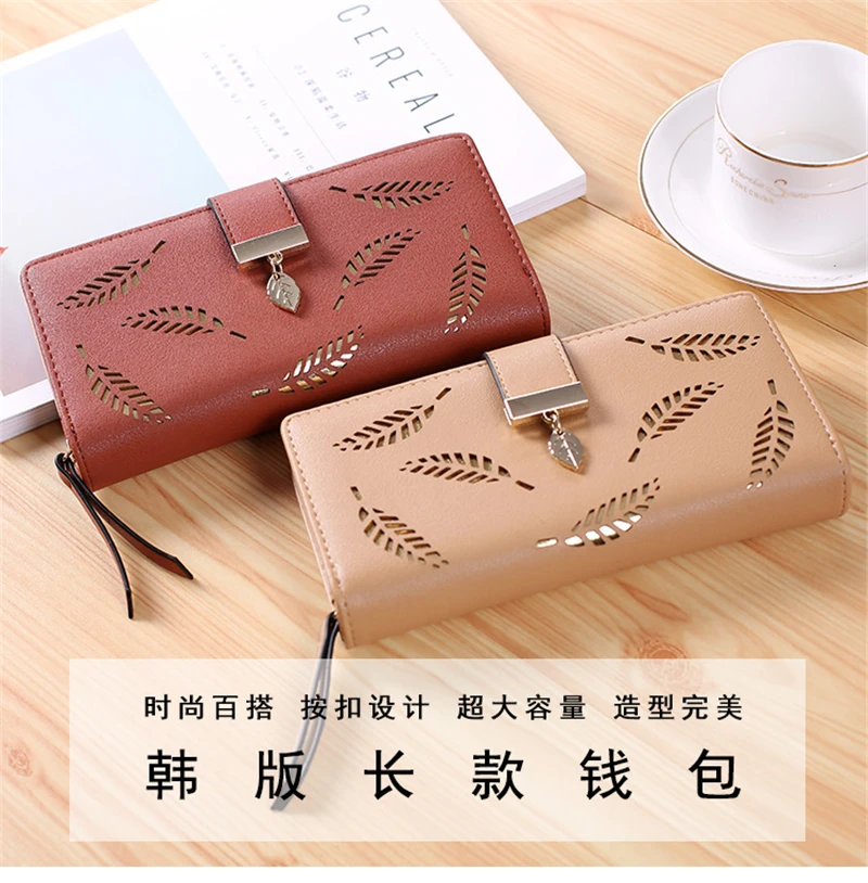 Women's Hollow Golden Leaf Buckle Wallet Female Long Zipper Coin Purses Ladies Multifunction Card Holder Clutch Money Bag
