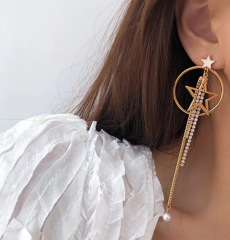 Серьги с длинной кисточкой и жемчугом, Женская пятиконечная звезда, серьги-гвоздики