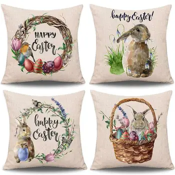 

2020 New Thanksgiving Easter Bunny Egg Pattern Pillowcase Custom Cotton Linen Cushion Cover Home Decoration Home Office Sofa Use