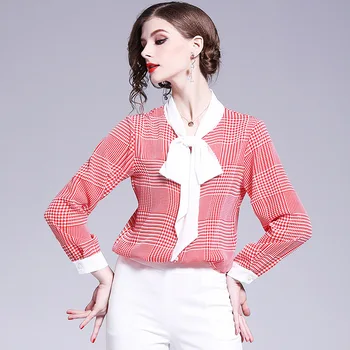

Shirt women autumn new European and American women's printed ribbon top chiffon plaid shirt round neck long sleeve street wear
