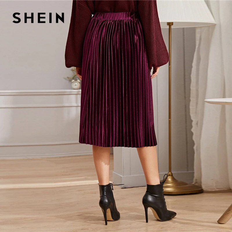 SHEIN однотонная плиссированная бархатная Гламурная юбка женская нижняя часть зимняя уличная Высокая талия Осенняя Элегантная Дамская базовая юбка миди
