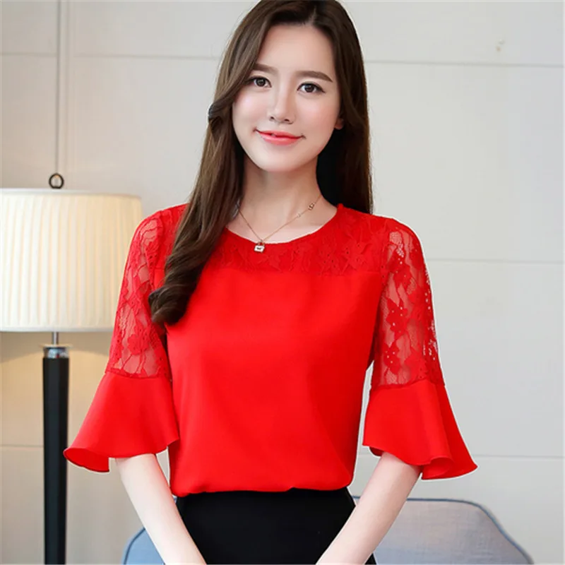 Rendas шифон Mulheres Camisas E Blusas Nova Moda Alargamento Топы с коротким рукавом и круглым вырезом de Roupas Casuais Senhoras blusas