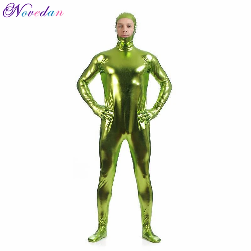 Men Metallic Wetlook Latex Open Face One Piece Bodysuit Zentai Suit Shinny Faux Leather Catsuit Fetish Cosplay Costume Club Wear