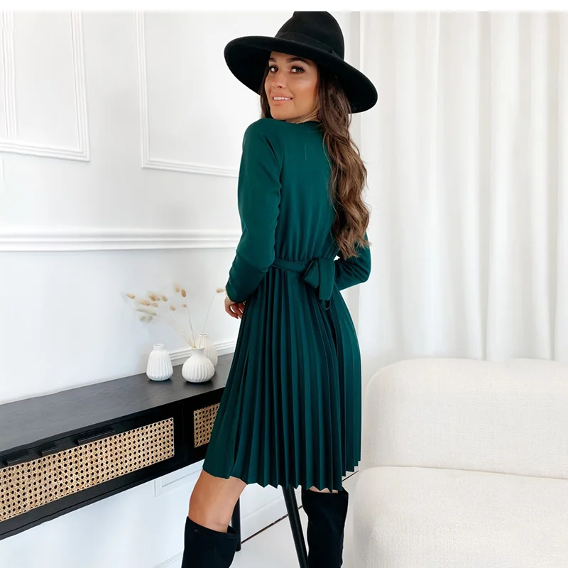 Autumn Winter Mini Black Dress Fashion Casual V-neck Long Sleeve Lace Up Pleated Elegant Green Dresses For Women Robe Femme New birthday dress