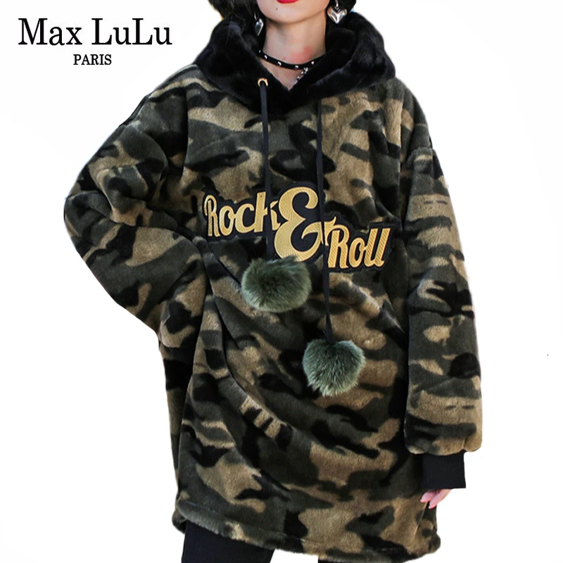 Max LuLu, зимняя теплая Роскошная Корейская женская одежда в стиле панк, женские повседневные камуфляжные толстовки с капюшоном, длинные меховые толстовки для фитнеса