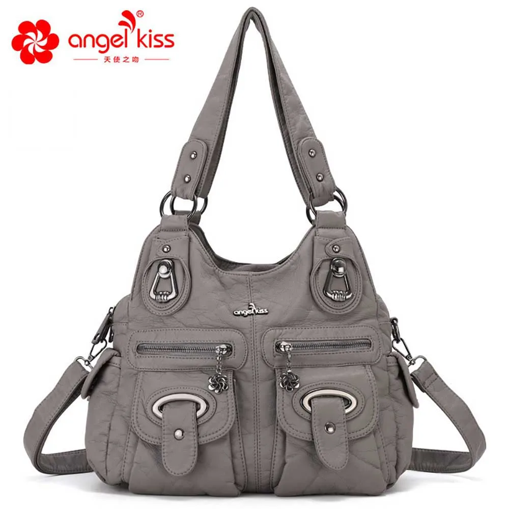 

Angel Kiss Fashion New Style Skin Friendly Washed PU Leather Handbag Large Capacity Multi Pockets Women Shoulder Crossbody Bag