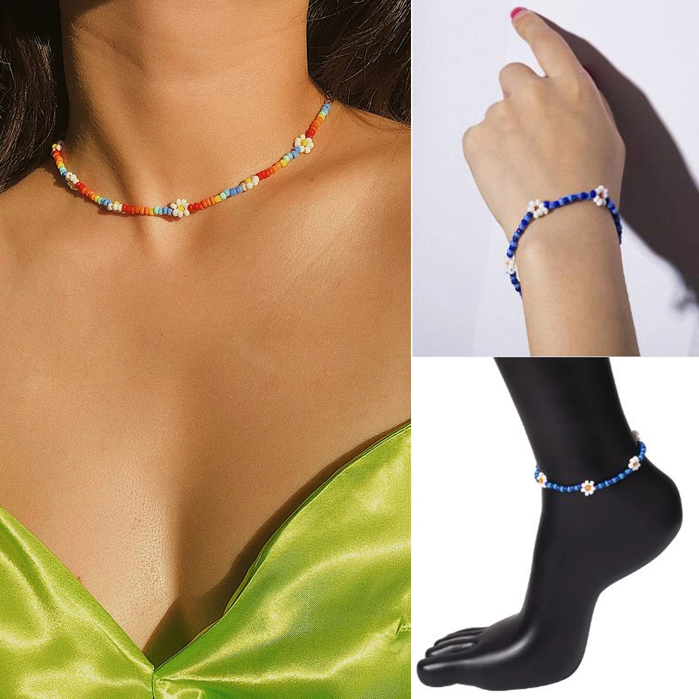 Boho красочные маленькие бусы колье для женщин Простой Бисероплетение Цветок ожерелье ручной работы воротник ювелирные изделия колье Femme