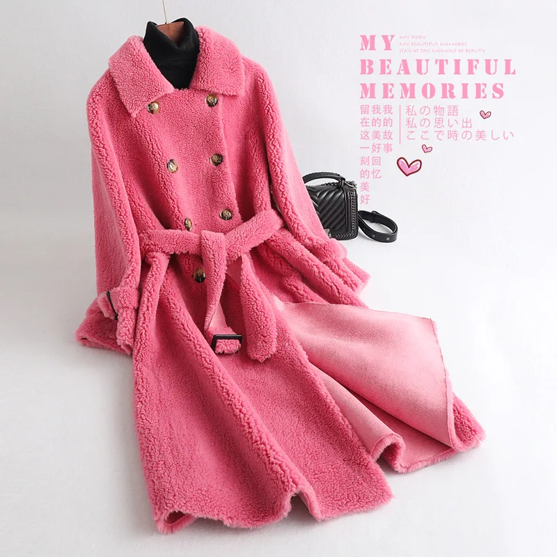 rose red Женское пальто с мехом, зима, новинка, двубортное, зернистое, Овечья стрижка, пальто, композитный мех, один мех, средней длины, пальто для женщин - Цвет: rose red