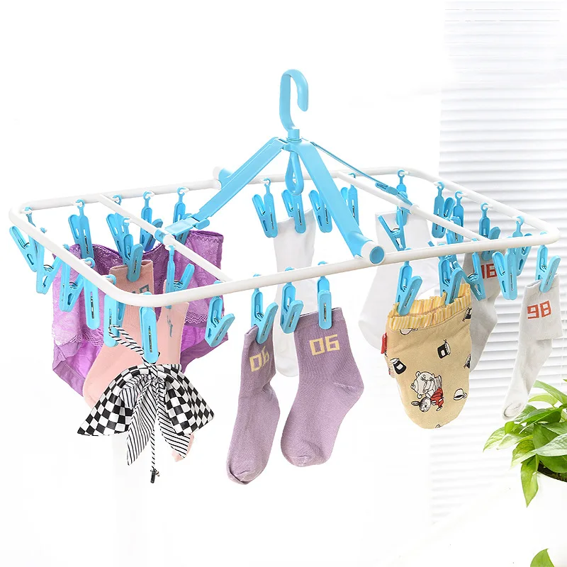 

Foldable Clothes Hanger Plastic Thick Multi-Clip Hanging Socks Clothes Hanger 20 Clip 32 Clip Household Clothes Rack Windproof D