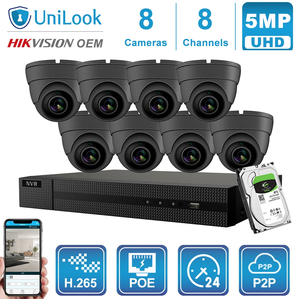 UniLook 8CH NVR 4/6/8Pcs Gray Mini Dome Camera NVR Kit Outdoor Security System Night Vision 2.8mm Lens Onvif H.265 P2P View