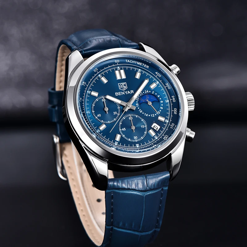 BENYAR Mens Watches Quartz Chronograph Casual Fashion Sport Moon Phase Leather Waterproof Luxury Watch For Men Relogio Masculino