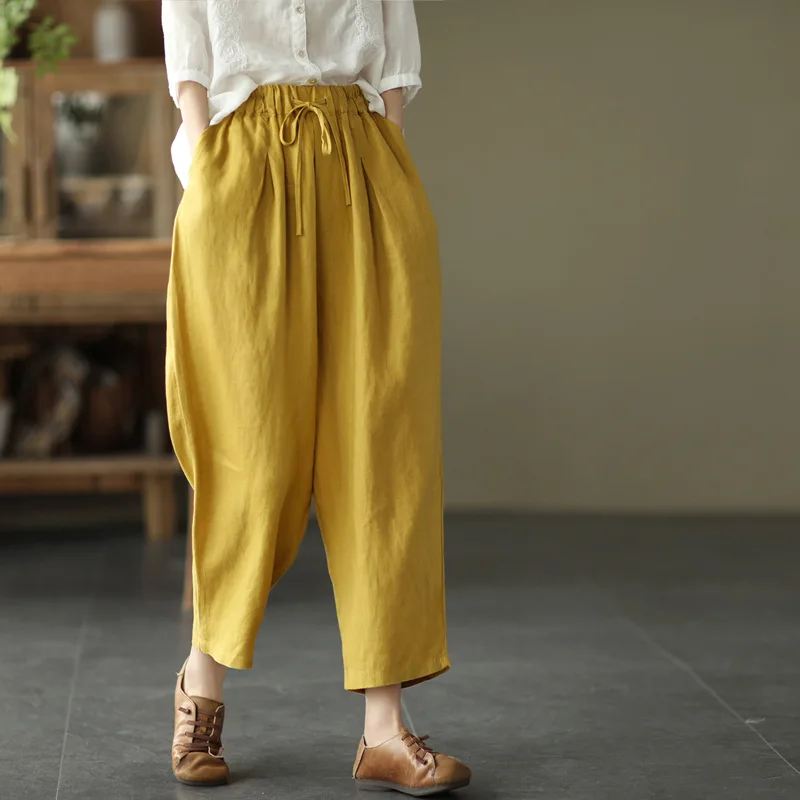 

2022 Autumn New Retro Linen Women Trousers With Elastic High Waist Loose Slim Harem Pants Casual Nine Point Pants Free Shipping