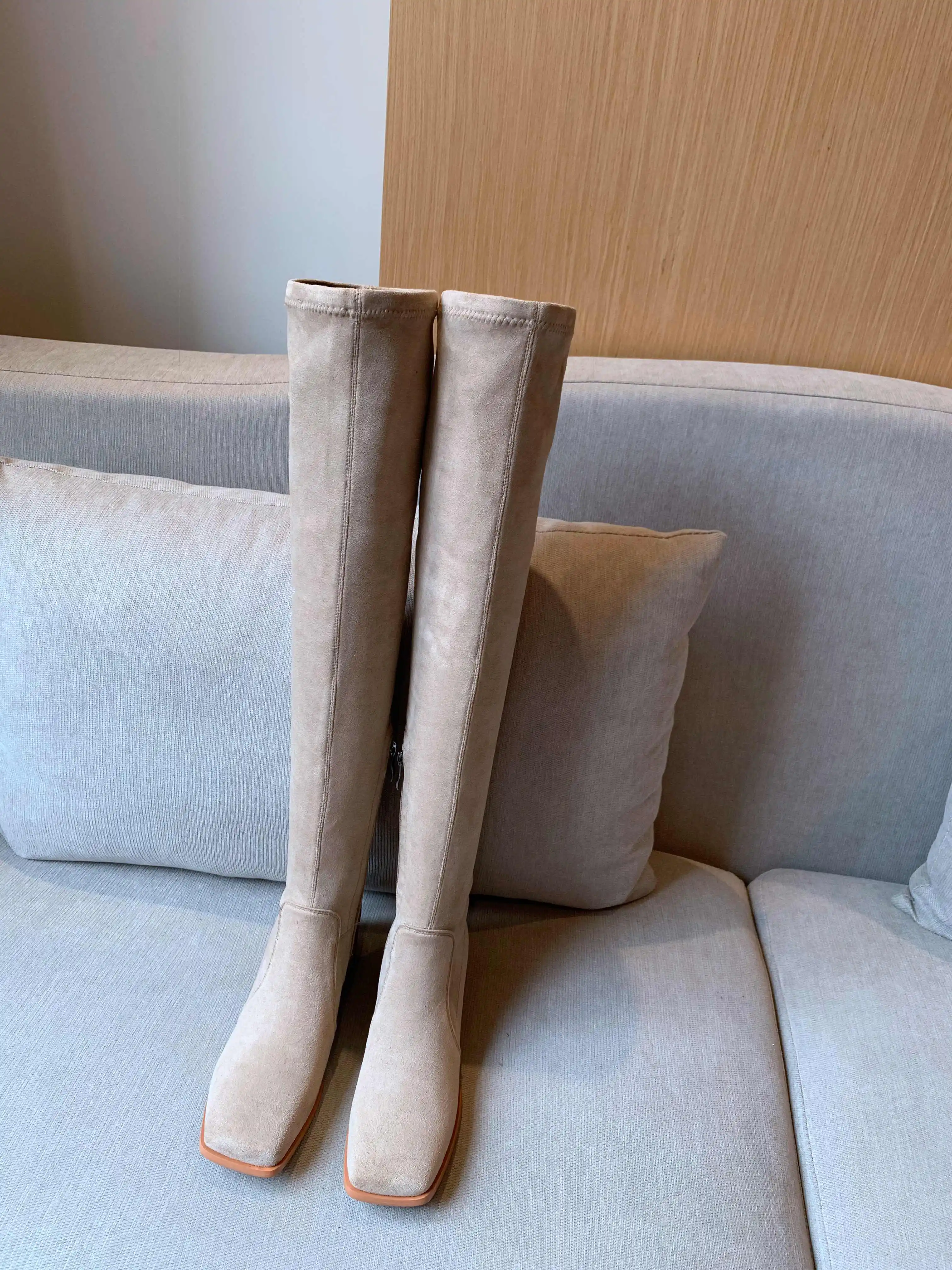 Lenkisen fashion square toe soft flock stretch boots med heels side zip winter women high street fashion thigh high boots L32