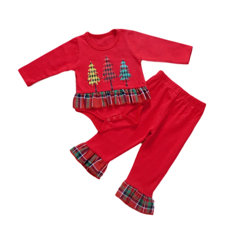 

2020 Christmas Cartoon Set Christmas Tree Long-Sleeve Jumpsuit + Petal Edges Pants Set baby girl clothes