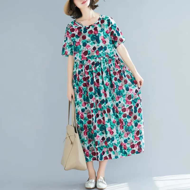 

2019 Large Size Dress Summer Large GIRL'S Waist Thick Cover Belly Tibetan Meat Dress Literature And Art Polka Dot Printed Dress