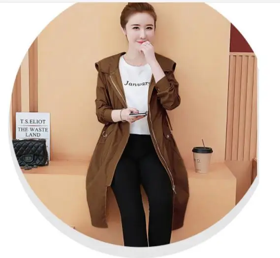 Coffee Модный Женский Тренч, осень весна, Женское пальто с капюшоном размера плюс 3xl, тонкое ветрозащитное пальто, женское однотонное пальто H266 - Цвет: Coffee