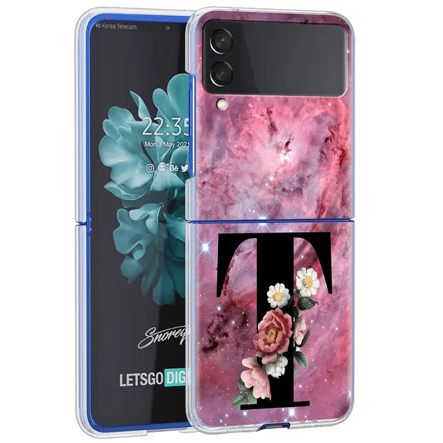Letter A B Flowers Pink Case For Samsung Galaxy Z Flip 3 5G Transparent Hard Cell Phone Cover ZFlip3 Clear PC Luxury Fundas H20