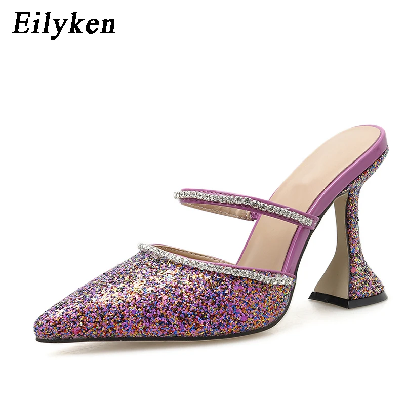 Eilyken; коллекция года; сезон лето; Новинка; элегантные женские туфли без задника со стразами и блестками; женские модельные туфли с острым носком и каблуком-чашкой - Цвет: Pink