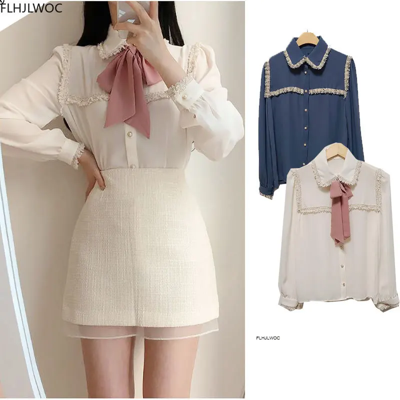 

2020 Autumn Women's Cute Bow Tie Tops Preppy Style Vintage Japaneses Korea Design Button Elegant Formal White Shirts Blouses