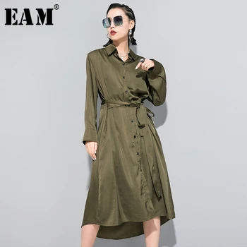 

[EAM] Women Black Green Bandage Temperament Shirt Dress New Lapel Long Sleeve Loose Fit Fashion Tide Spring Autumn 2020 1R646