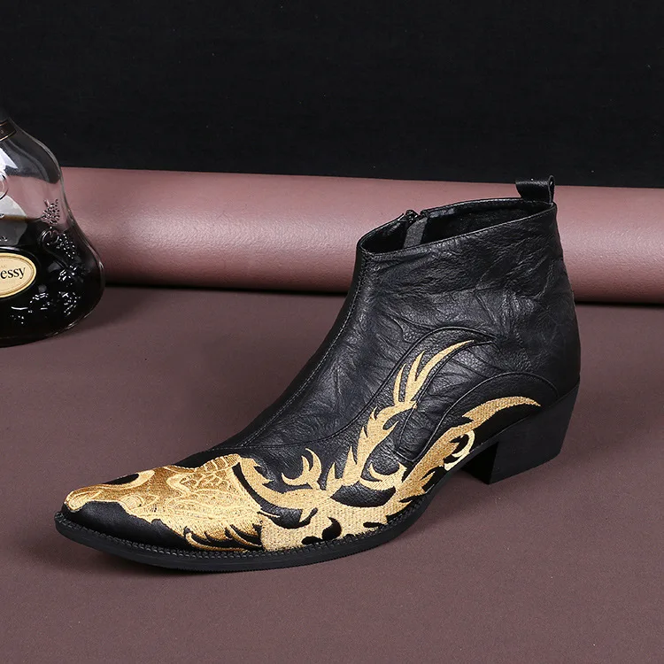 

High Top Zipper Short Boots Men's Korean Martin Boots Cool Cow Leather Embroidery Botas Tacticas Men's Business Casual Ankle Zip