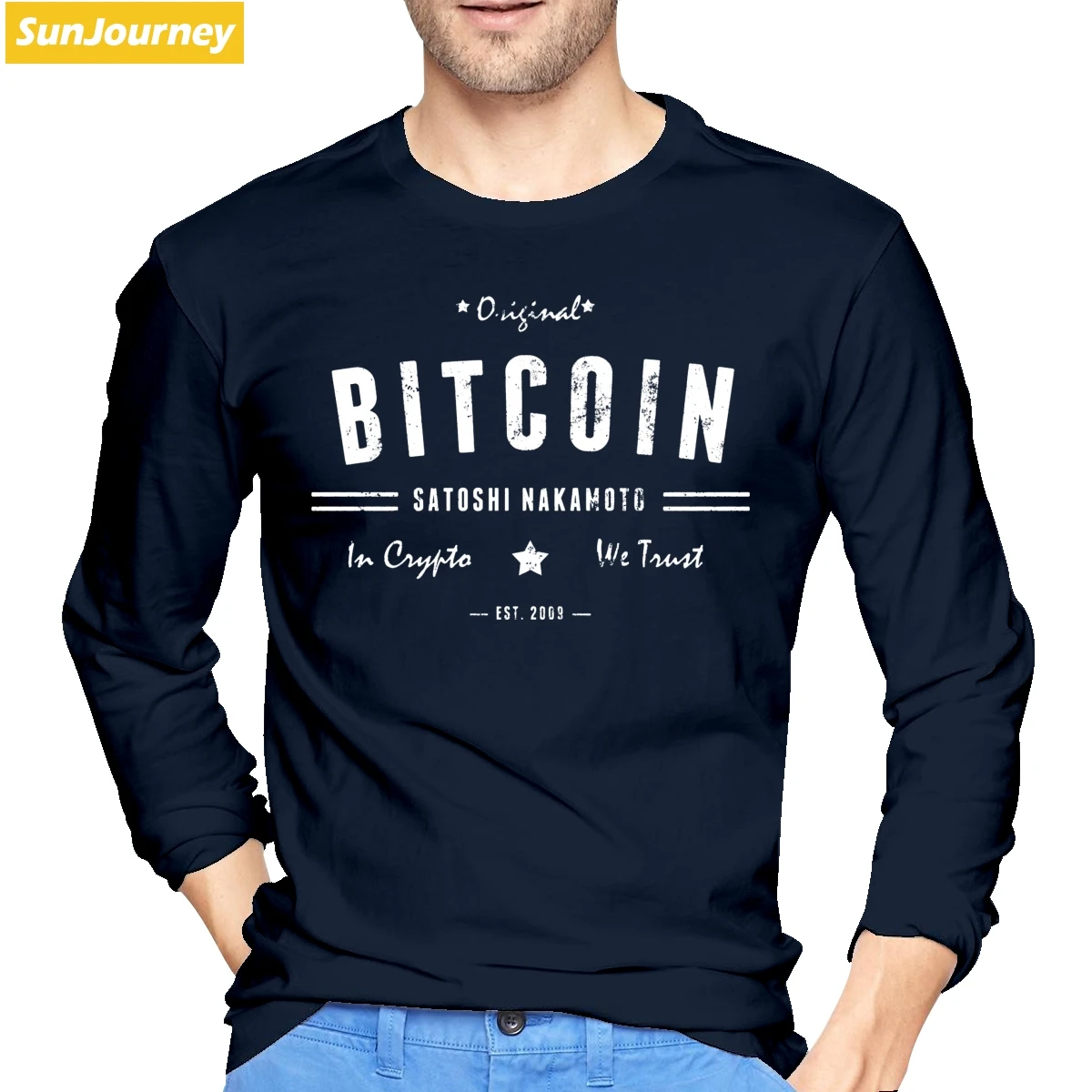 Биткоин BTC крипто логотип Винтаж Классическая футболка хлопок Crewneck Футболка с длинным рукавом для мужчин - Цвет: Тёмно-синий