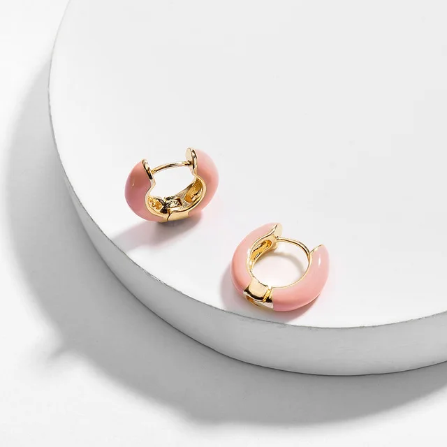 Newest Trendy Ear Hoops Earrings for Women Luxury Enamel Small Circle Round Huggie Earrings Maxi Gold Brincos Jewelry Gifts - Окраска металла: 2pcs Pink