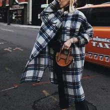 Женский зимний меховой негабаритный клетчатый длинный кардиган шерстяное пальто с карманом Повседневная рубашка с воротником Макси шерстяная куртка Тренч