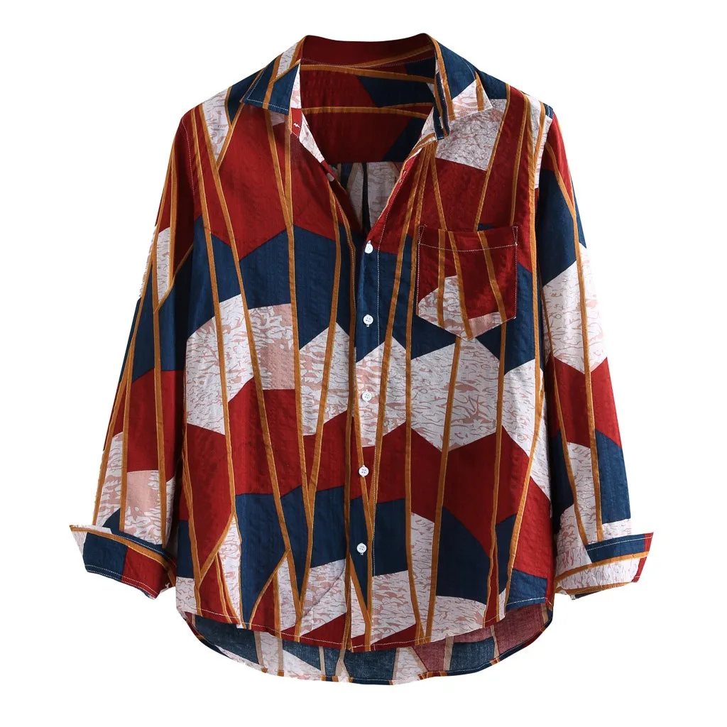 

Summer Mens Casual Multi Color Lump Chest Pocket Long Sleeve Round Hem Loose Shirts Tops Loose Casual Shirts Men Blouse Camisa