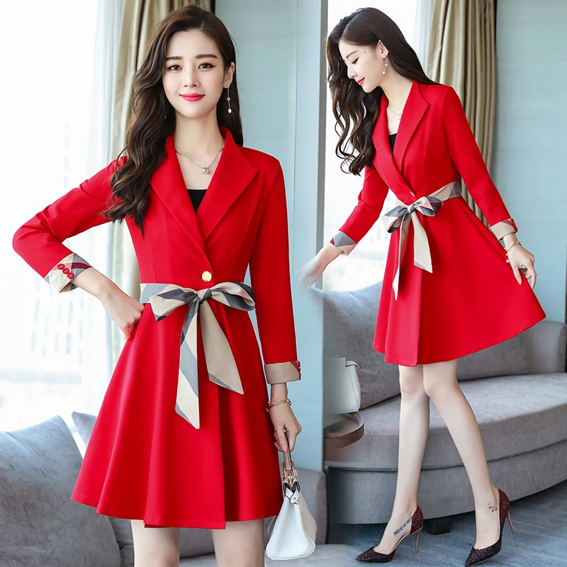 Женское платье с длинным рукавом, осень, новинка, средняя и длинная, тонкая, темпераментная, маленькая, ветровка, юбка из Гонконга - Цвет: Красный