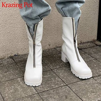 

Krazing pot genuine leather square toe platform vacation front zipper winter shoes elegant thick high heels mid-calf boots L7f1