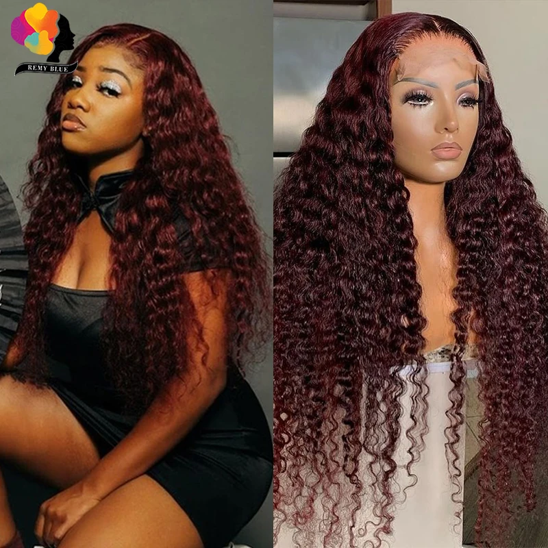 

REMYBLUE 99J Burgundy Deep Wave Lace Front Wig Wigs for Women Peruvian Curly Human Hair Wigs Lace Frontal Wig Remy Transparent
