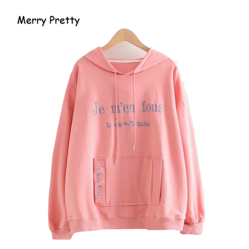 Merry Pretty, Хлопковые женские толстовки с капюшоном, с вышитыми буквами, на шнурке, толстовки,, зимний спортивный костюм с капюшоном и длинным рукавом, пуловеры