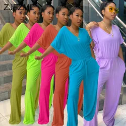 Mono verde neón de talla grande para mujer, traje holgado de manga corta con cuello de pico profundo, cintura alta elástica informal, una pieza