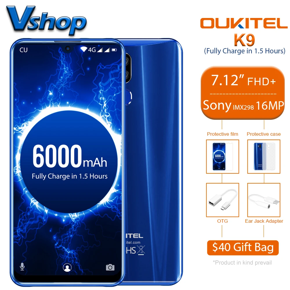 

OUKITEL K9 Waterdrop 7.12" FHD+ 1080*2244 16MP+2MP/8MP Mobile Phone 4GB 64GB Face ID Smartphone 6000mAh 5V/6A Quick Charge OTG