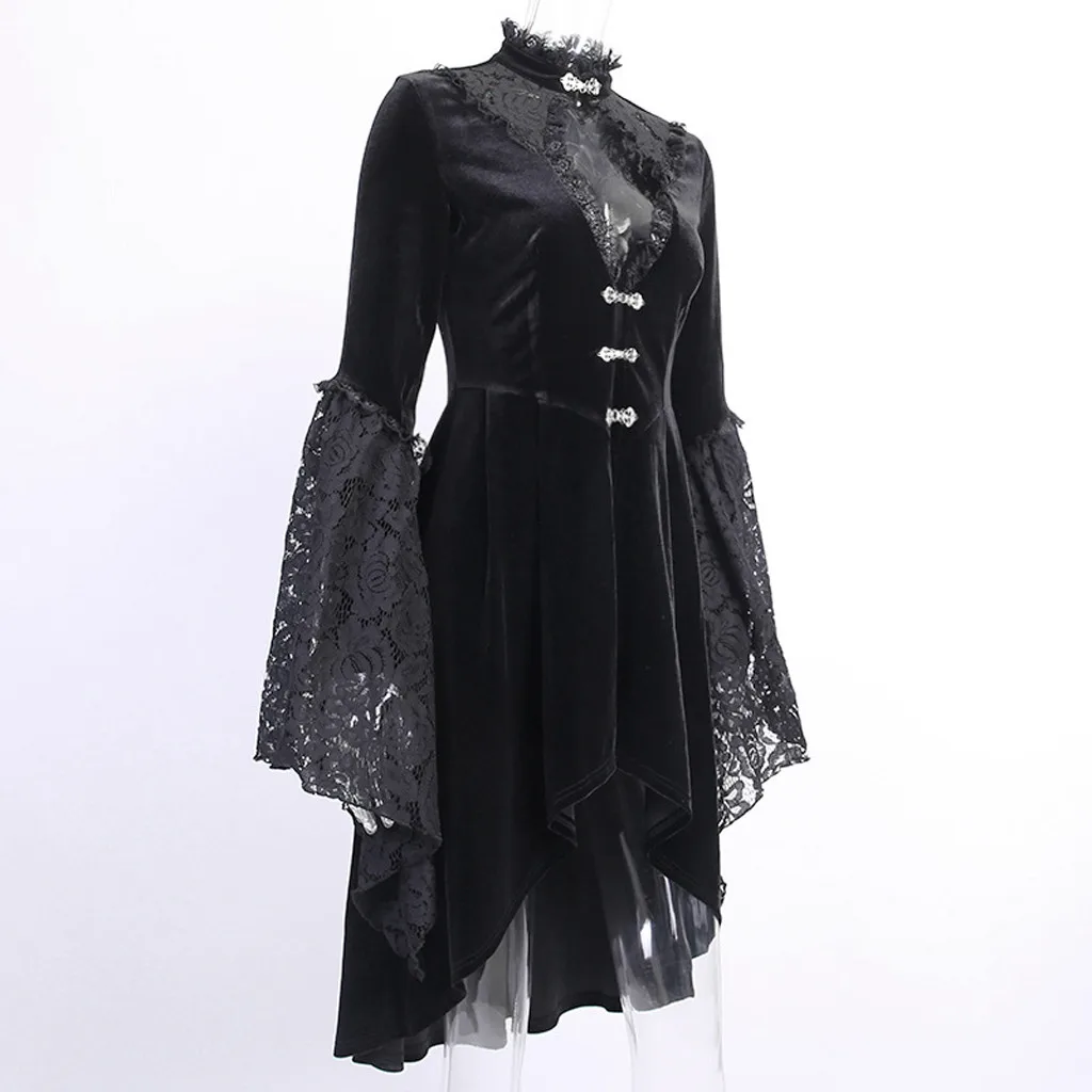 Женское черное готическое платье, платье для косплея, женское модное готическое платье с v-образным вырезом, кружевное длинное платье с рукавом пагода# g3