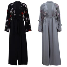 3D เย็บปักถักร้อยดอกไม้มุสลิม Femme Cardigan อาหรับอิสลามดูไบ Abaya สำหรับผู้หญิงสีเทาสีดำยาว Robe เปิด Kimono PLUS...(China)