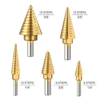 

6PCS Titanium Step Drill Bit Set with Automatic Center Punch, 50 Sizes in 5 High Speed Steel Drill Bits Set for Sheet Metal 2020