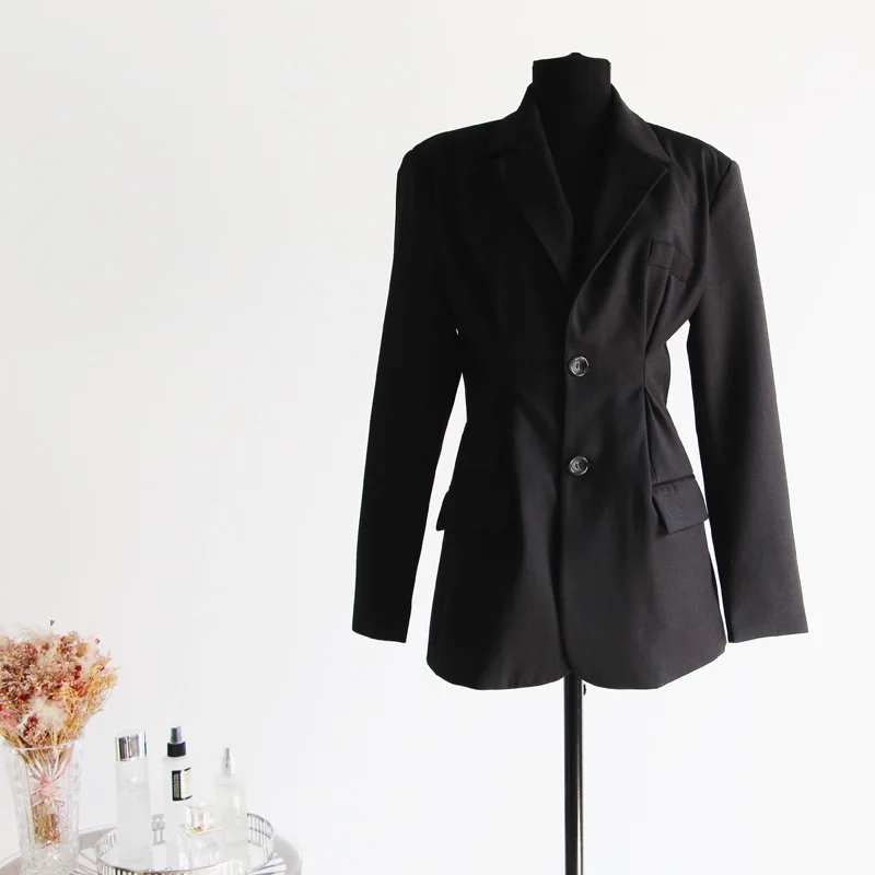 Дизайн маленький костюм женский пиджак британский ветер плиссированные талии креативный пиджак - Цвет: Черный