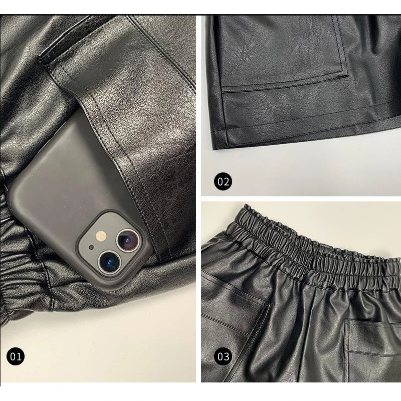 Shintimes Autumn Casual A-Line Elegant PU Leather Shorts Women Loose Wide Leg Winter High Waist Black Shorts Pantalones Cortos