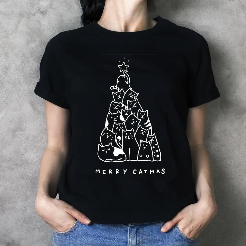 Новогодние майки, модная Рождественская Женская забавная футболка, принт кошки, дерева, Kawaii, фестиваль, графическая футболка, топы - Цвет: WTQ1935-black