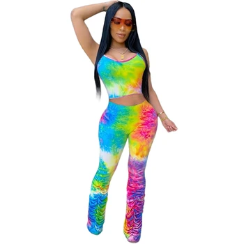 

Tie Dye Sexy Two Piece Set Women Summer Festival Clothing 2020 2 Piece Set Crop Top and Stacked Pants Matching Sets Club Outfits