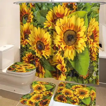 

Sunflower Flowers Painting Bathroom Set Non-Slip Quickly Dry Bath Mats Set Waterproof Shower Curtain Toilet Lid Cover Floor Mat