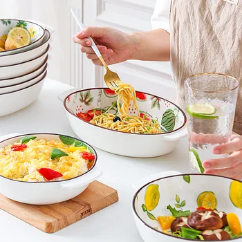 

11 Inch Nordic Fashion Cheese Gratin Dish Tableware Porcelain with Double Handle Microwave Oven Plate Oven Pans Fruit Salad Soup