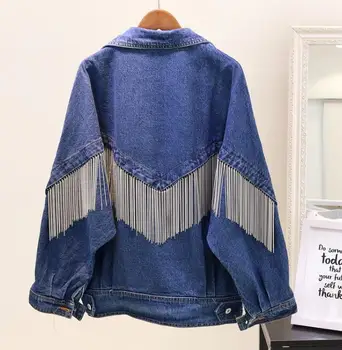 

2018 New Spring Autumn Women's Loose Chain Tassel Denim Jacket Blue Cowboy Coat Female Students Casual Outwear