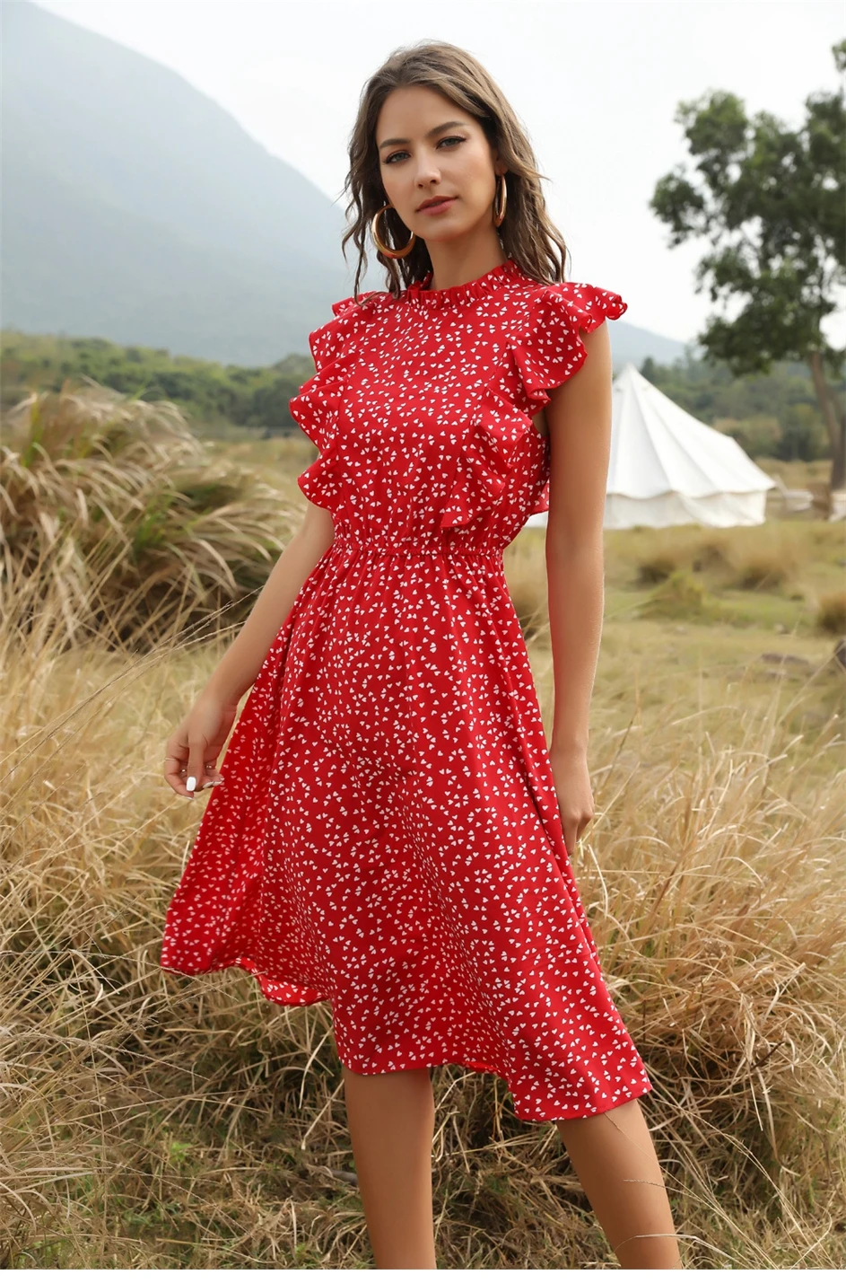 2020 New Summer Dot Print Dress Women Casual Butterfly Sleeve Ruffles Medium Long Chiffon Dress